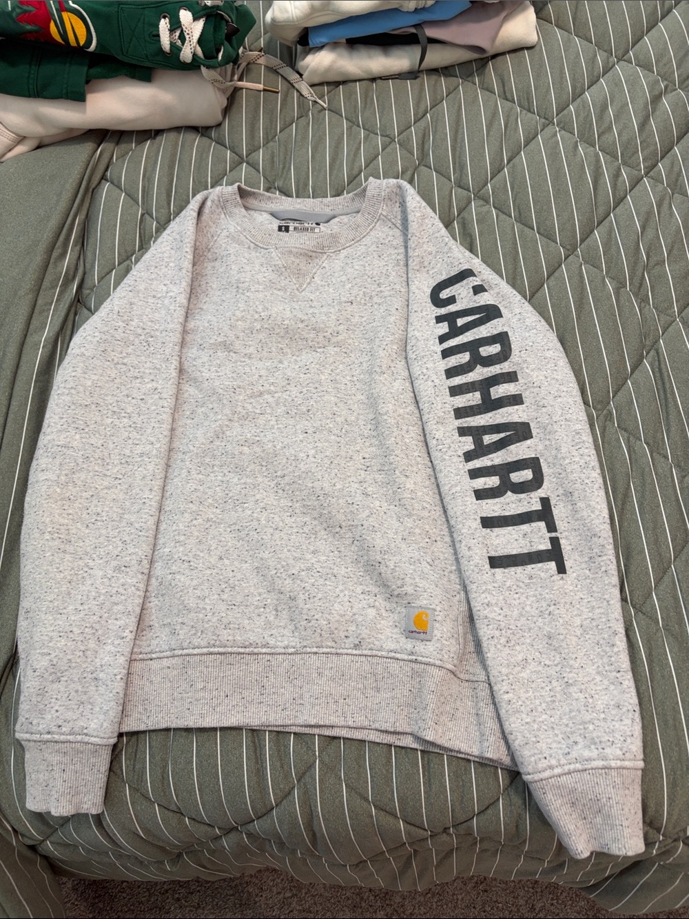 Carhartt Men's Crewneck Sweatshirt in Light Heather Gray with Black Sleeve Logo